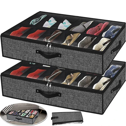 Under Bed Shoe Storage Organizer Fits 12 Pair Sneakers, Sturdy Structure Ultra Thick Fabic Sneaker Storage, Foldable Shoe Boxes