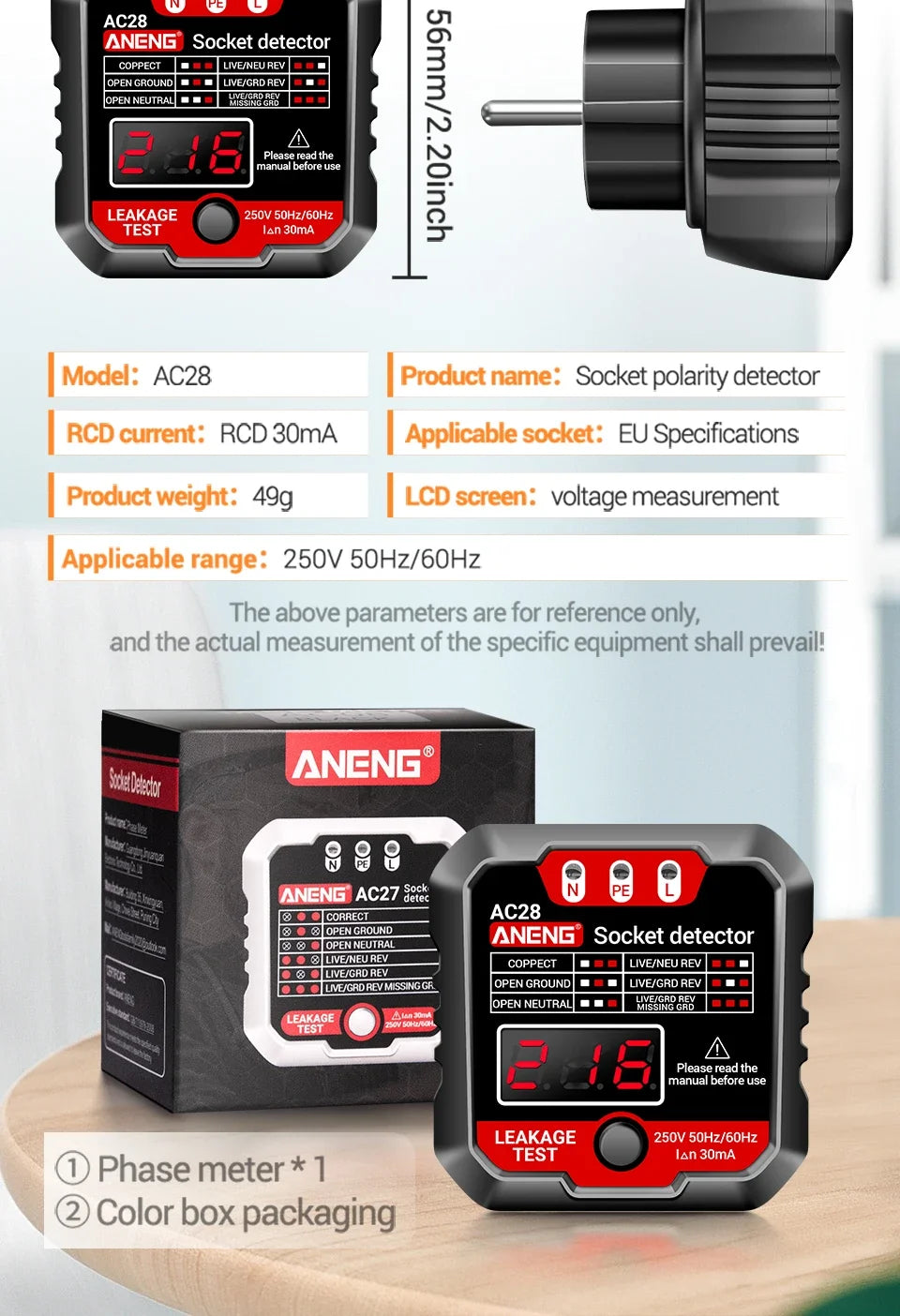ANENG AC28 Digital Socket Power Tester Smart 50Hz/60Hz Zero Line Phase Circuit  Breaker Finder Check Voltage Tester EU/US Plug