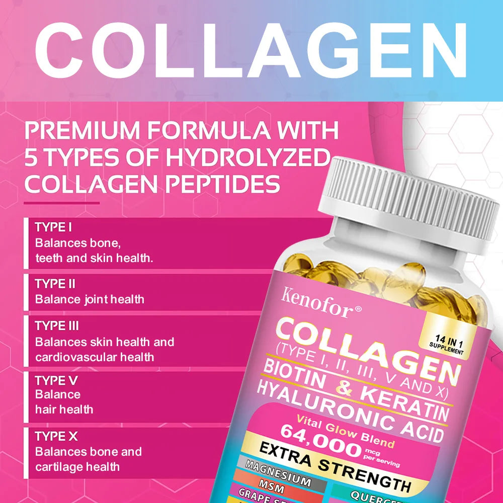 Kenofor 14-in-1 Collagen Capsules – Biotin, Keratin, Hyaluronic Acid, Vitamins A/C/E | Anti-Aging Skin, Hair & Nails Supplement | 30/60/120 Count