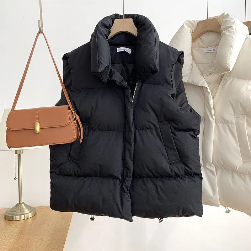 Women's Stand Collar Puffer Vest - Belted Sleeveless Winter Jacket - photo 3