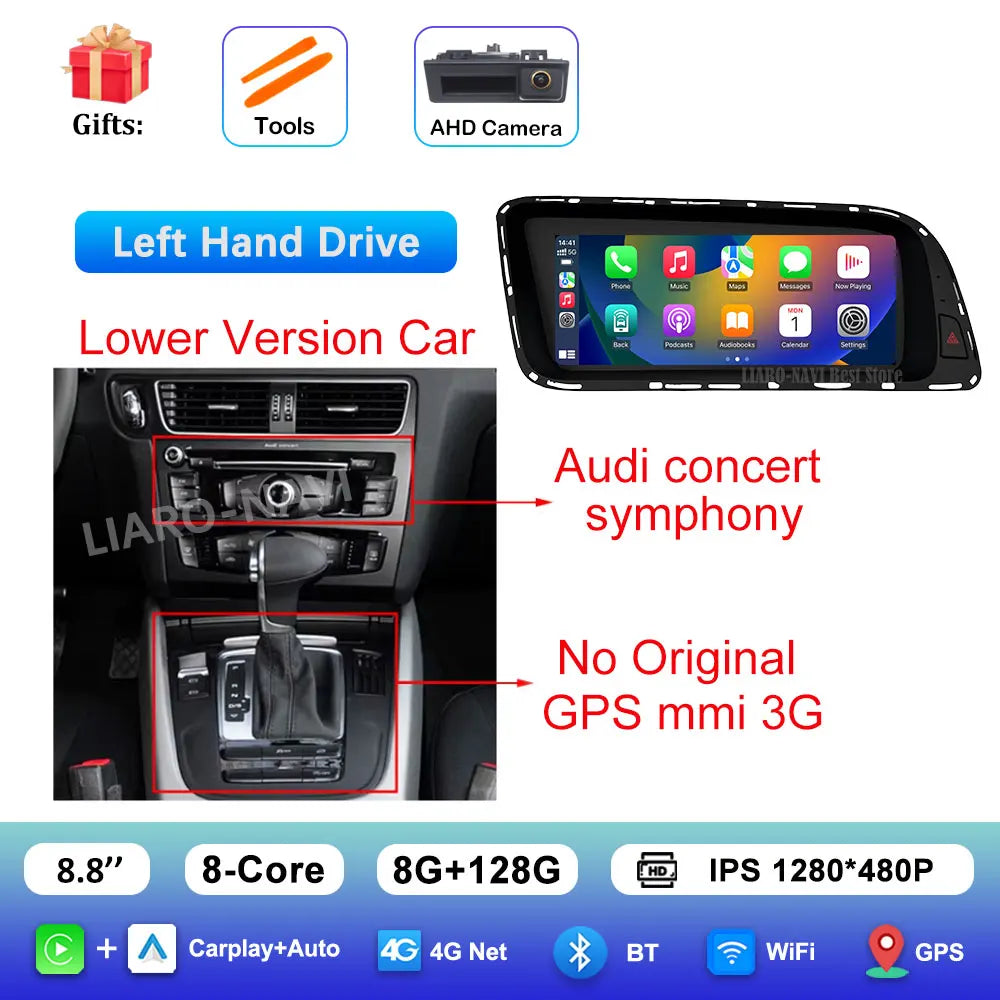 Android 16 for Audi Q5 2026 - 2026 HD Screen Car Radio Video Multimedia Player 8.8 inch BT 4G Carplay DSP Stereo WiFi Auto Tools