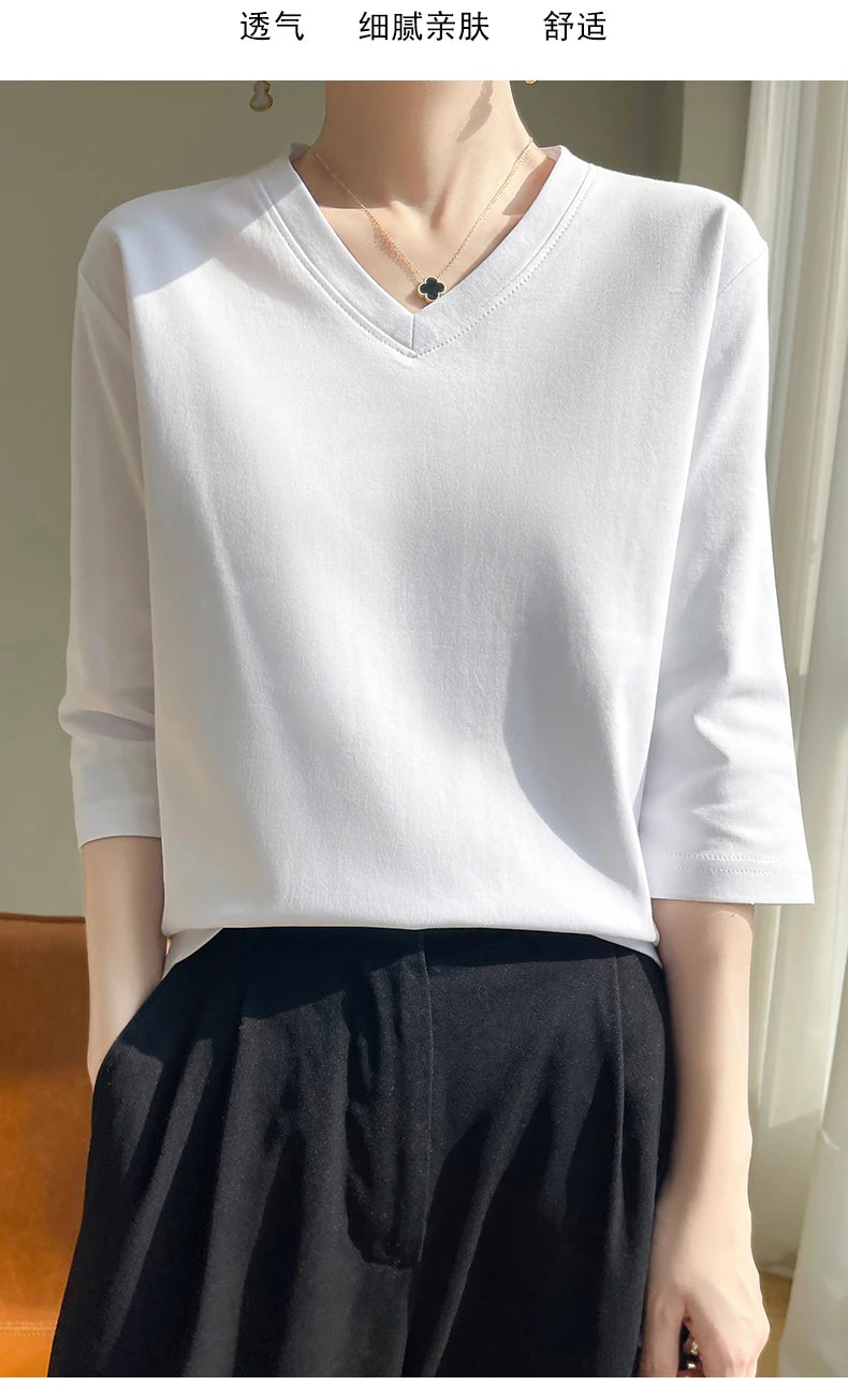 Spring And Summer New Cotton V-neck T-shirt Short-Sleeved Women's Half-Sleeve Bottoming Shirt High-End Cropped Sleeve Top