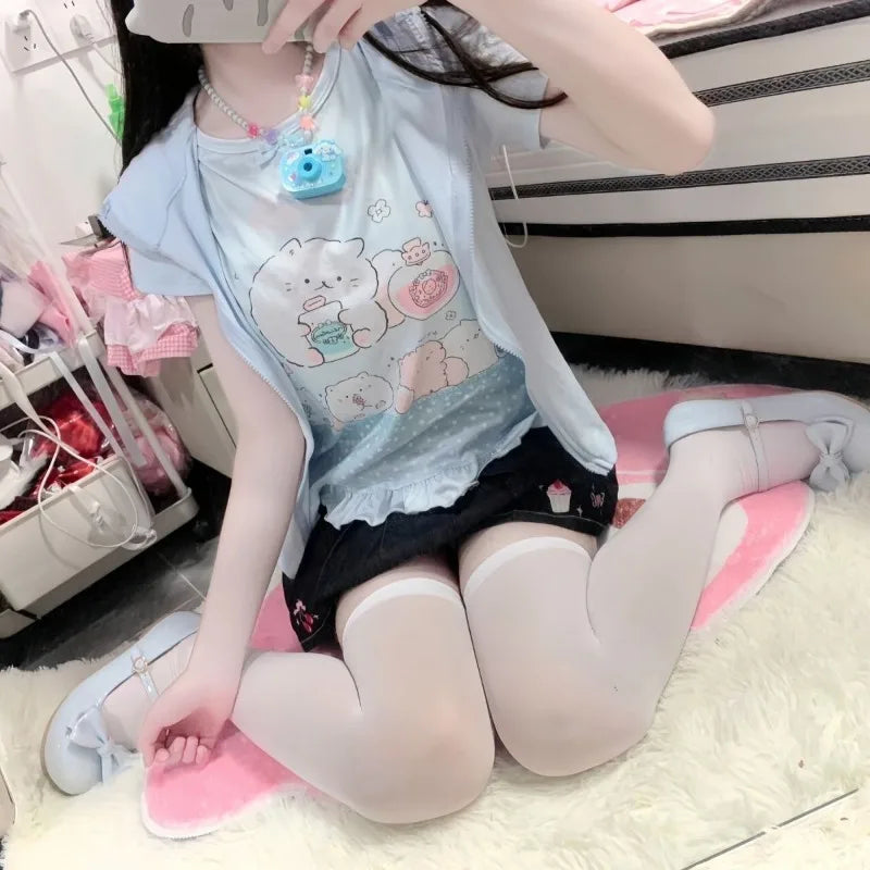 Kimutomo Japanese Petite Sweet Cute Replica Girl Outfit Short Sleeved Top Women Versatile Group Print Butterfly Round Neck