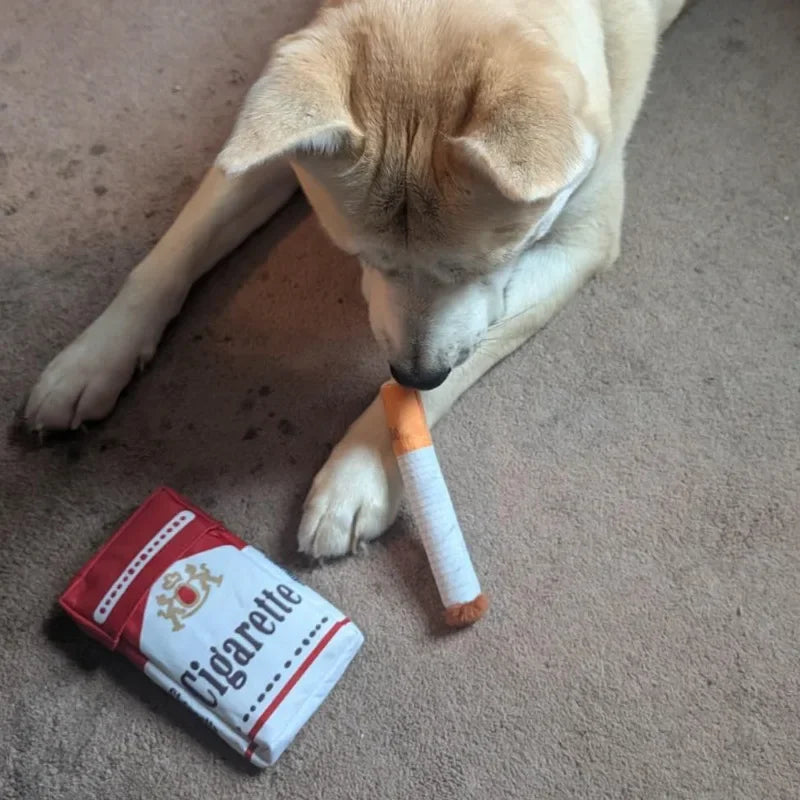 Funny Cigarette Pack Plush Dog Toy Set, Squeaky