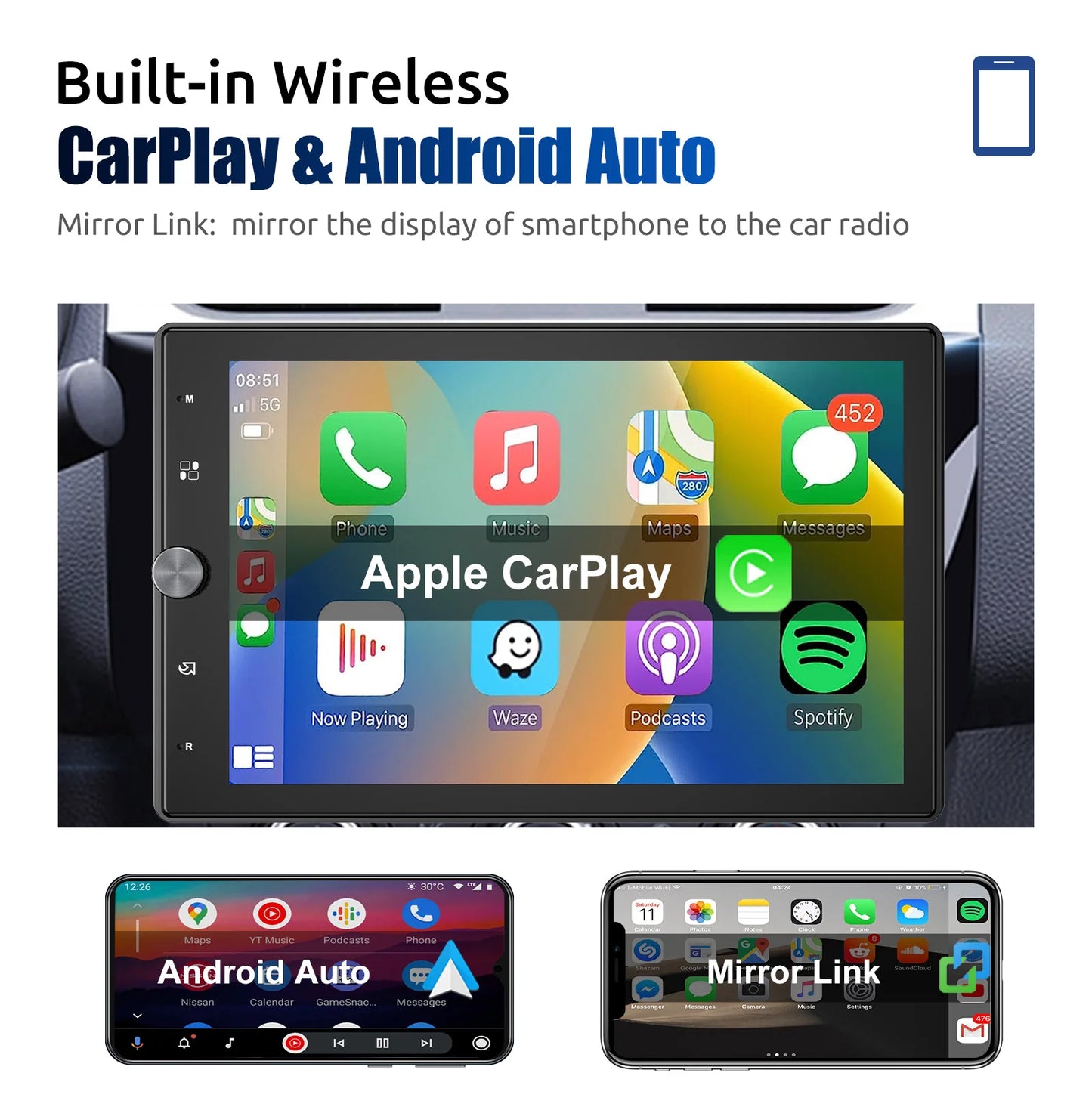 ESSGOO 10.1" Rotatable 1-DIN Car Stereo — Wireless CarPlay, Android Auto, IPS Touchscreen, USB/AUX/TF