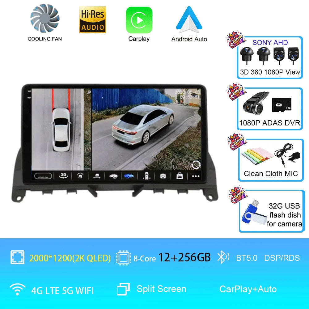 9" Android Car Stereo for Mercedes-Benz C-Class W204 S204 (2006–2011) — CarPlay, QLED, 4G, GPS