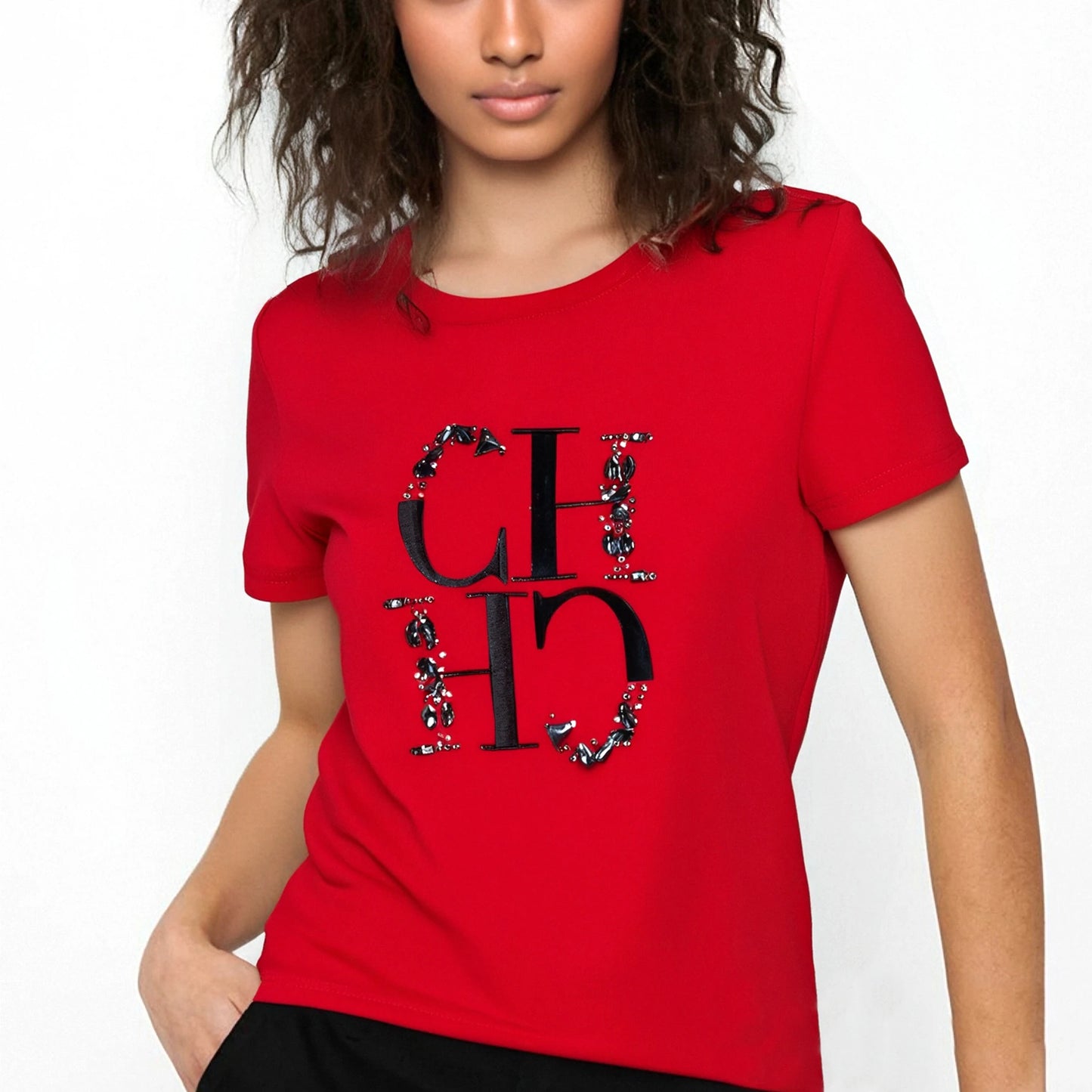 CHCH Women's Hand-Embroidered Short-Sleeve Round-Neck T-Shirt — Beige