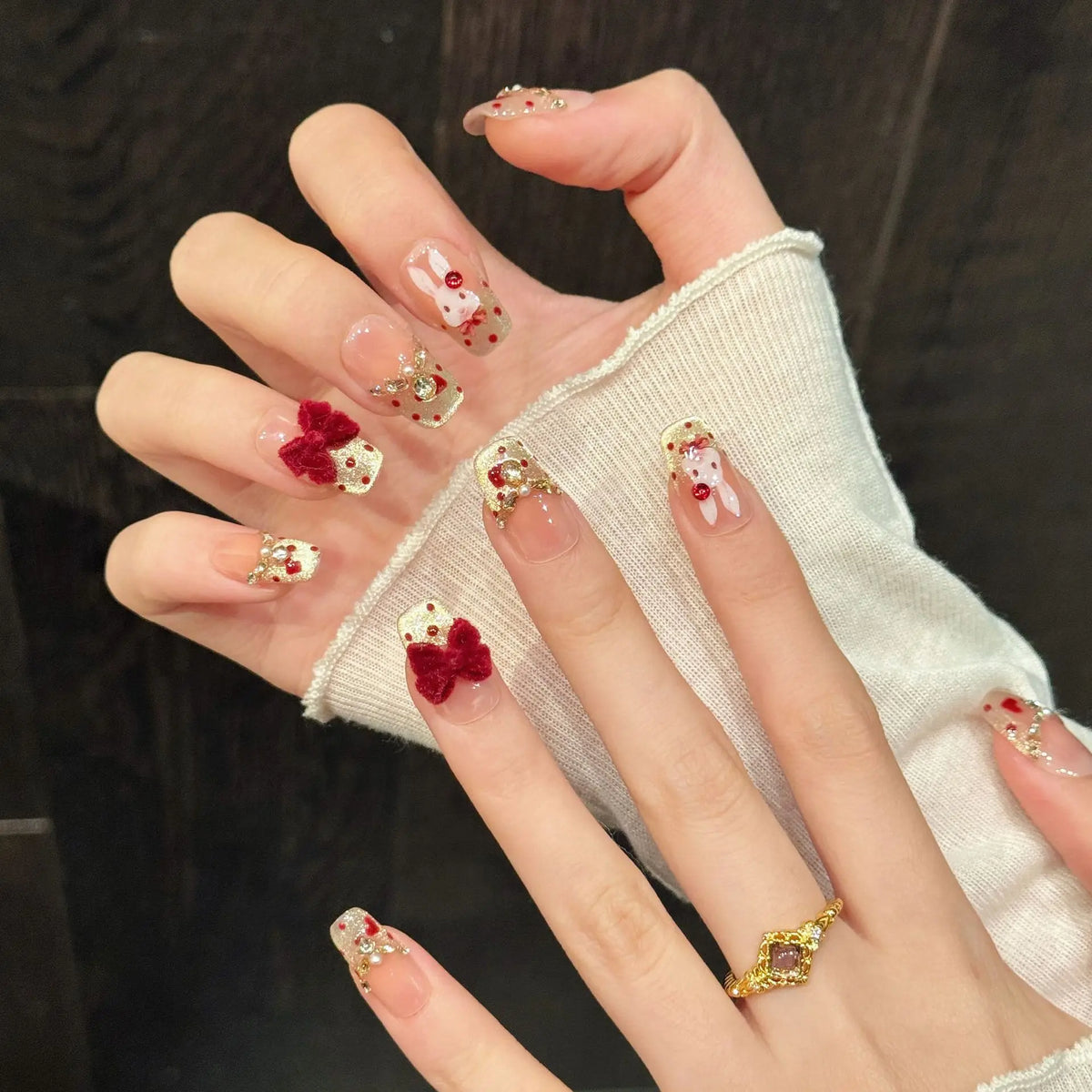 New Year Theme Handmade Press On Nails French Cat Eye Fake Nails With Velvet Bowknot Decor Light Luxury Sparkling False Nail Tip