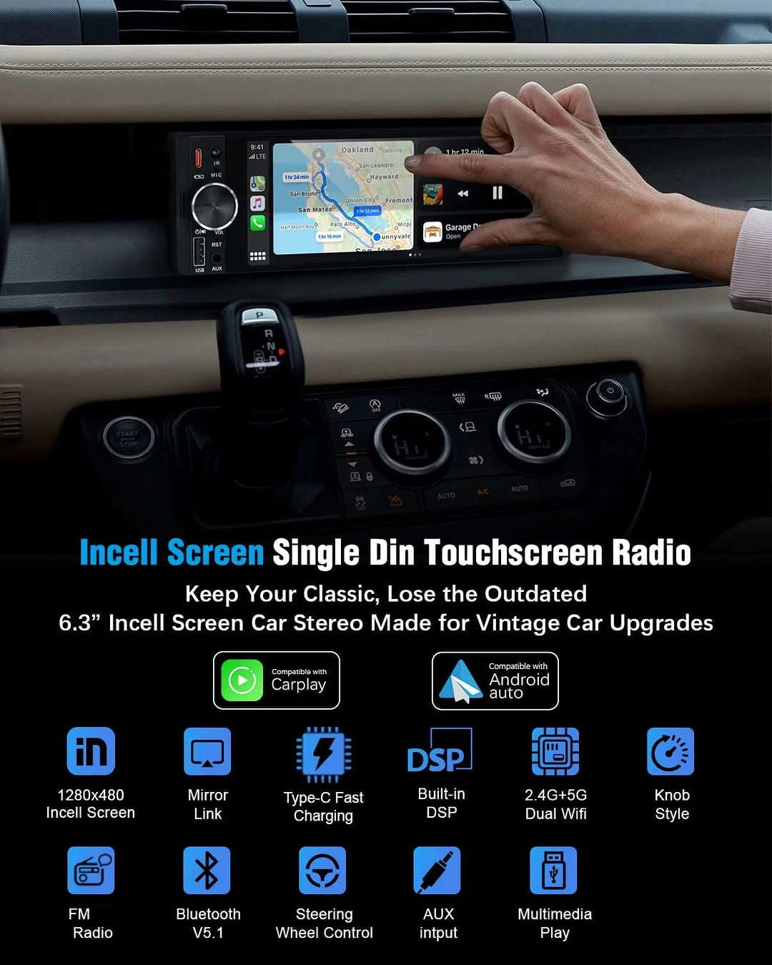 6.86" 1-DIN Universal Car Stereo — Wireless CarPlay, Android Auto, Bluetooth, USB/AUX