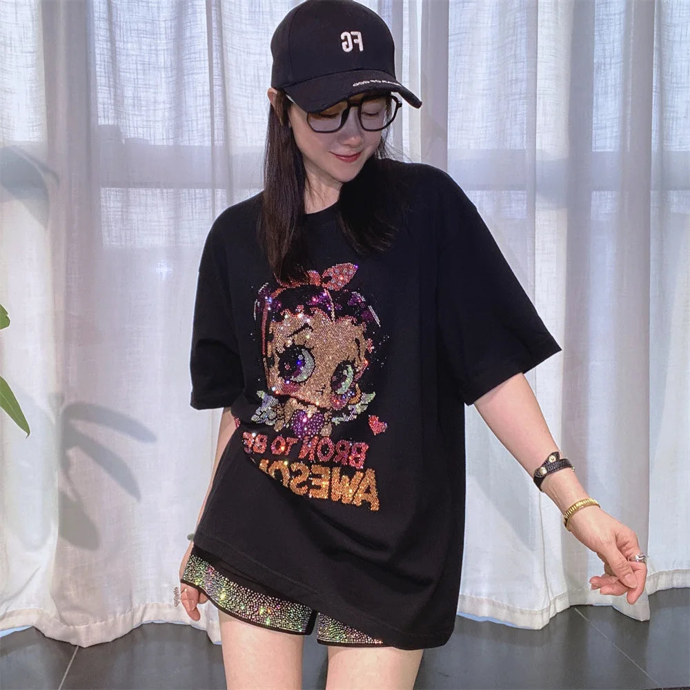 Plus Size Cartoon Girl Pattern Diamonds Short Sleeve Tees for Women Summer Clothing Thin Casual Loose O Neck T Shirt Knitwear
