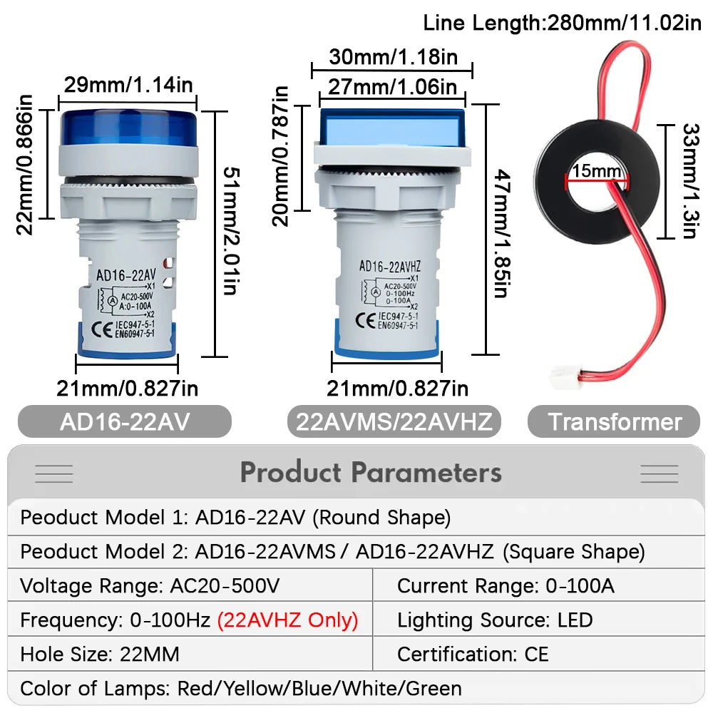 22MM AC 20-500V 0-100A Mini LED Digital Voltmeter Ammeter Hertz Meter Signal Lights 220V Voltage Current Meter Volt Amp Tester
