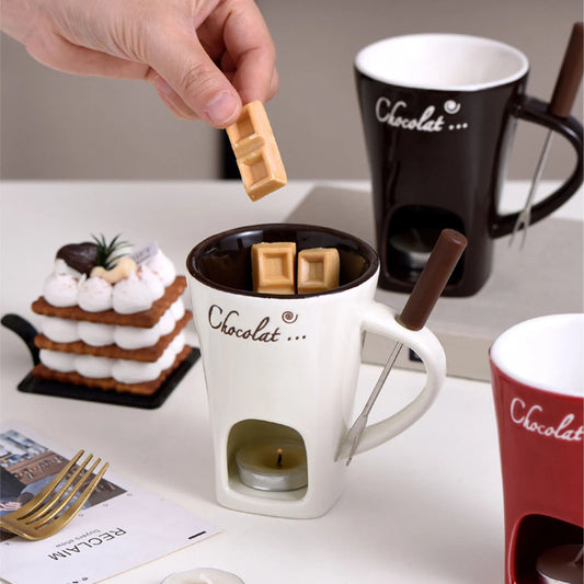 Ceramic Chocolate Melting Mug with Fork - Fondue and Butter Warmer Pot