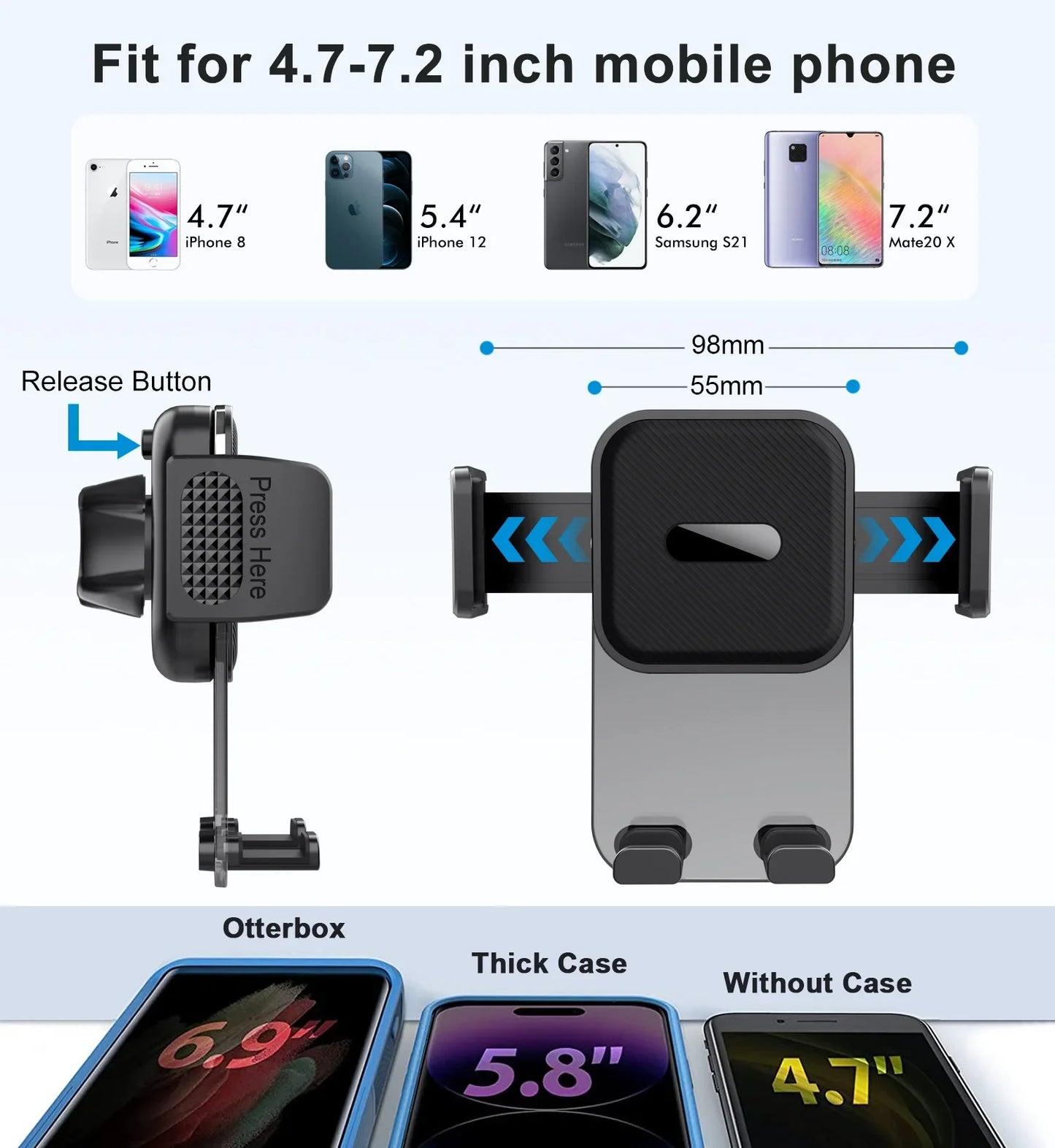 Car Phone Holder for Dashboard & Windshield – Universal Clip Mount for 4.7–7" Phones