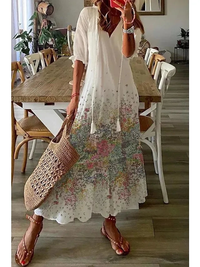Women's Boho Maxi Dress – Casual V-Neck Drawstring Long-Sleeve Printed Bohemian Dress