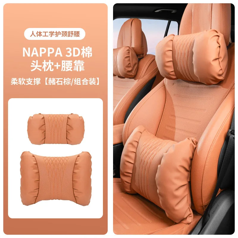 Nappa Leather Car Headrest & Lumbar Support Cushion – Soft Neck Pillow & Waist Pillow Set