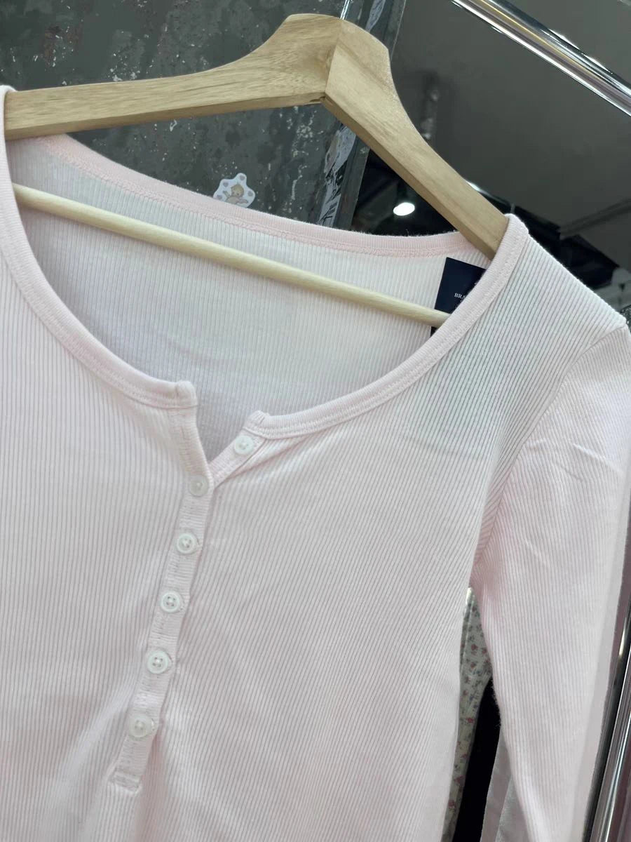 Women's Ribbed Long-Sleeve Top — Six-Button Slim Round-Neck Y2K Tee