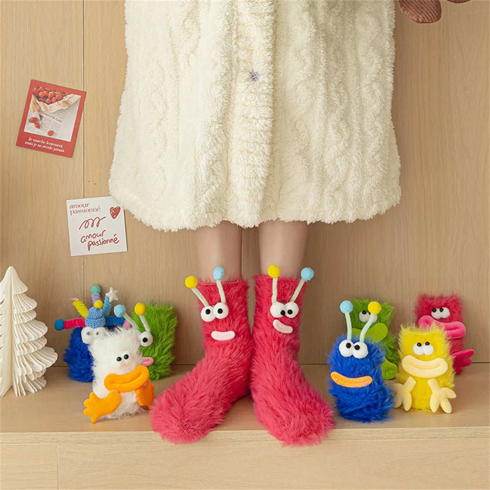 Women's Fuzzy Monster Sleep Socks, Coral Fleece