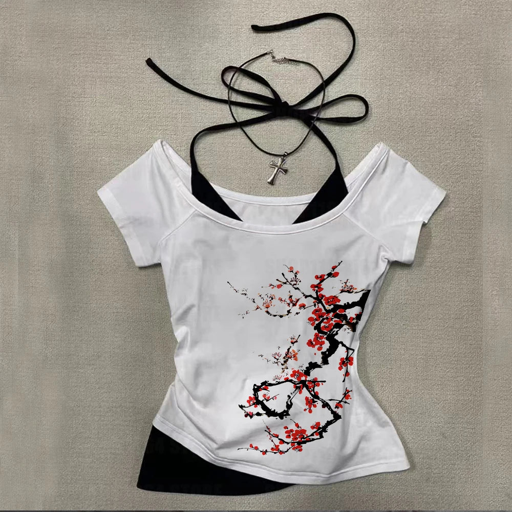 Y2K streetwear Vintage Crop Top Punk Women Flower Print sexy Baby Tee Fashion 2000s Top Y2k Style personality Emo Girls ﻿