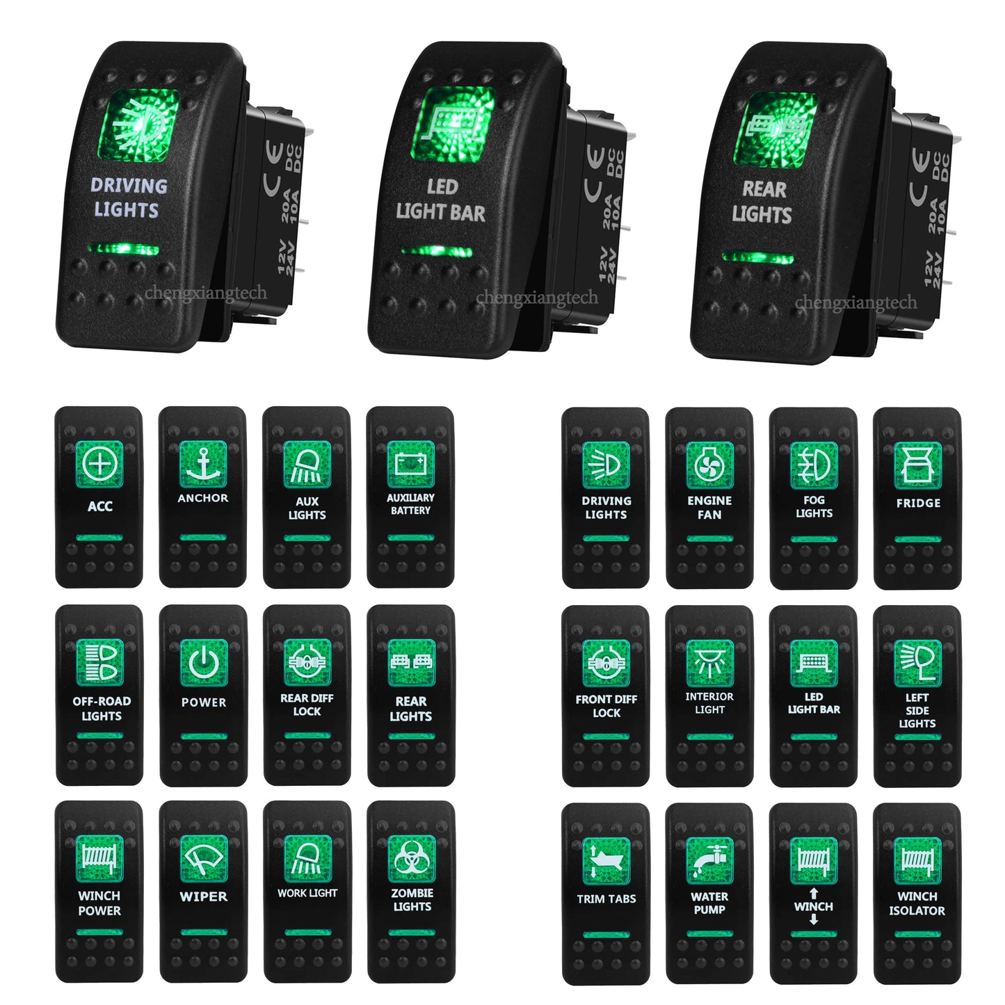 Green LED Rocker Switch - Waterproof SPST & DPDT Options