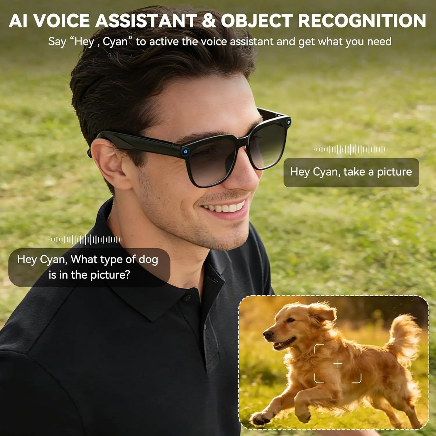 AI smart glasses with cameras, 8-megapixel camera glasses, 1080P stabilized video recording glasses, real-time translation, AI voice assistant, object recognition, men's and women's Bluetooth sunglasses (color-changing), life