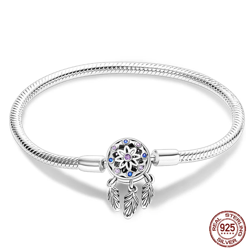 925 Sterling Silver Charm Bracelet – Star Moon Sun Four Leaf Clover Zircon | DIY Birthday Gift for Women (17-20cm)