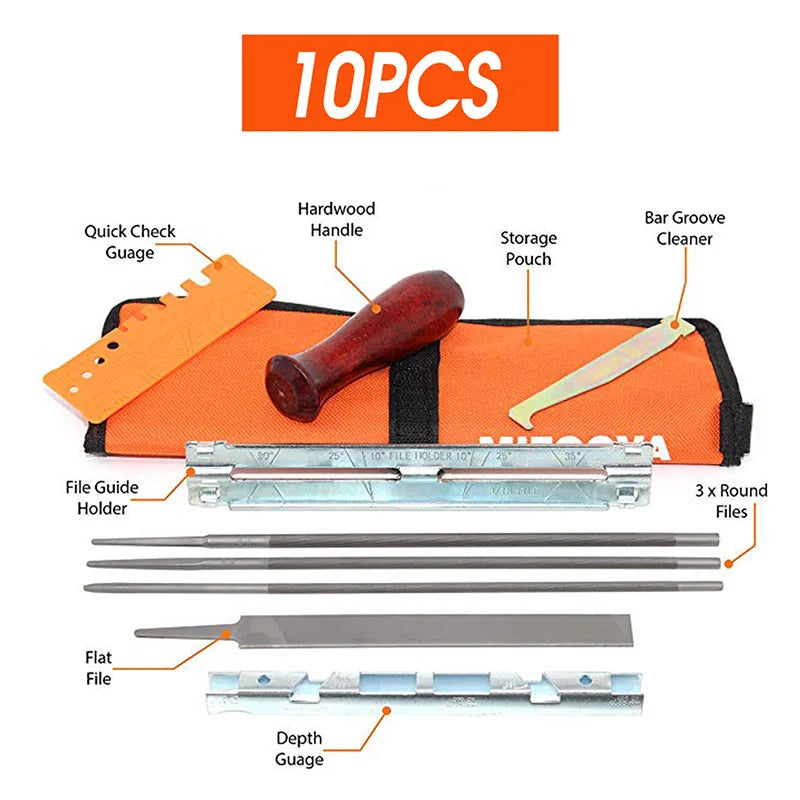 Chainsaw Chain Sharpening Kit — Round/Flat File Guide Bar Sharpener Set