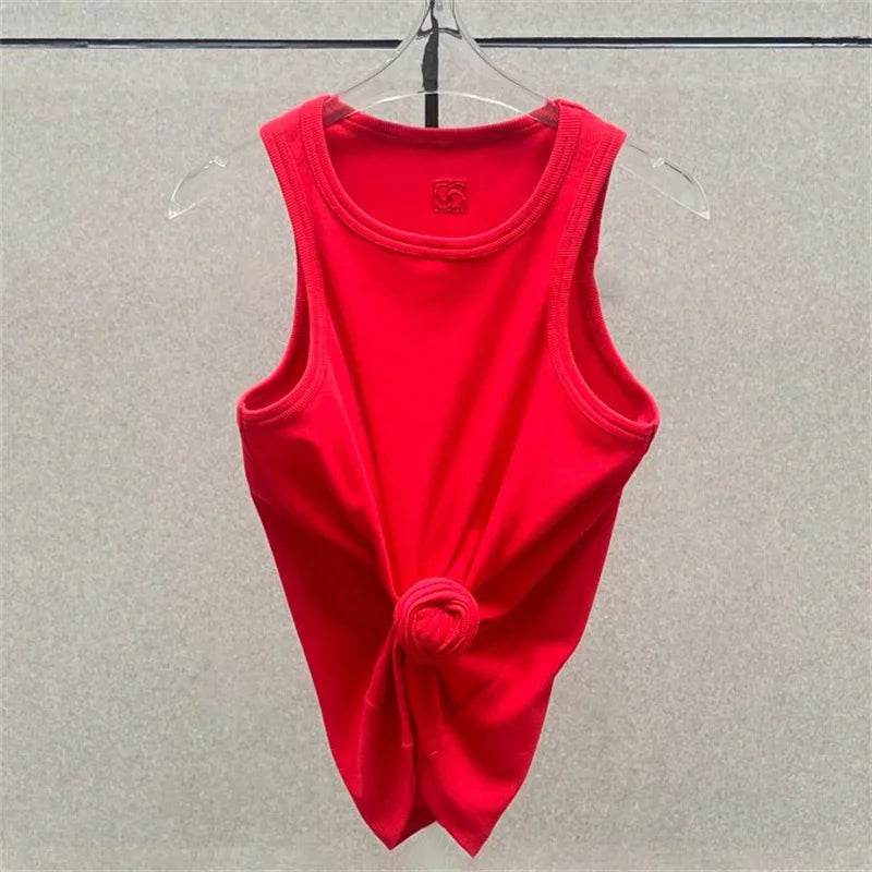 Women t-shirts New twisted flower knotted sleeveless top for summer 2026 Elastic slim pure cotton women's vest corset crop top
