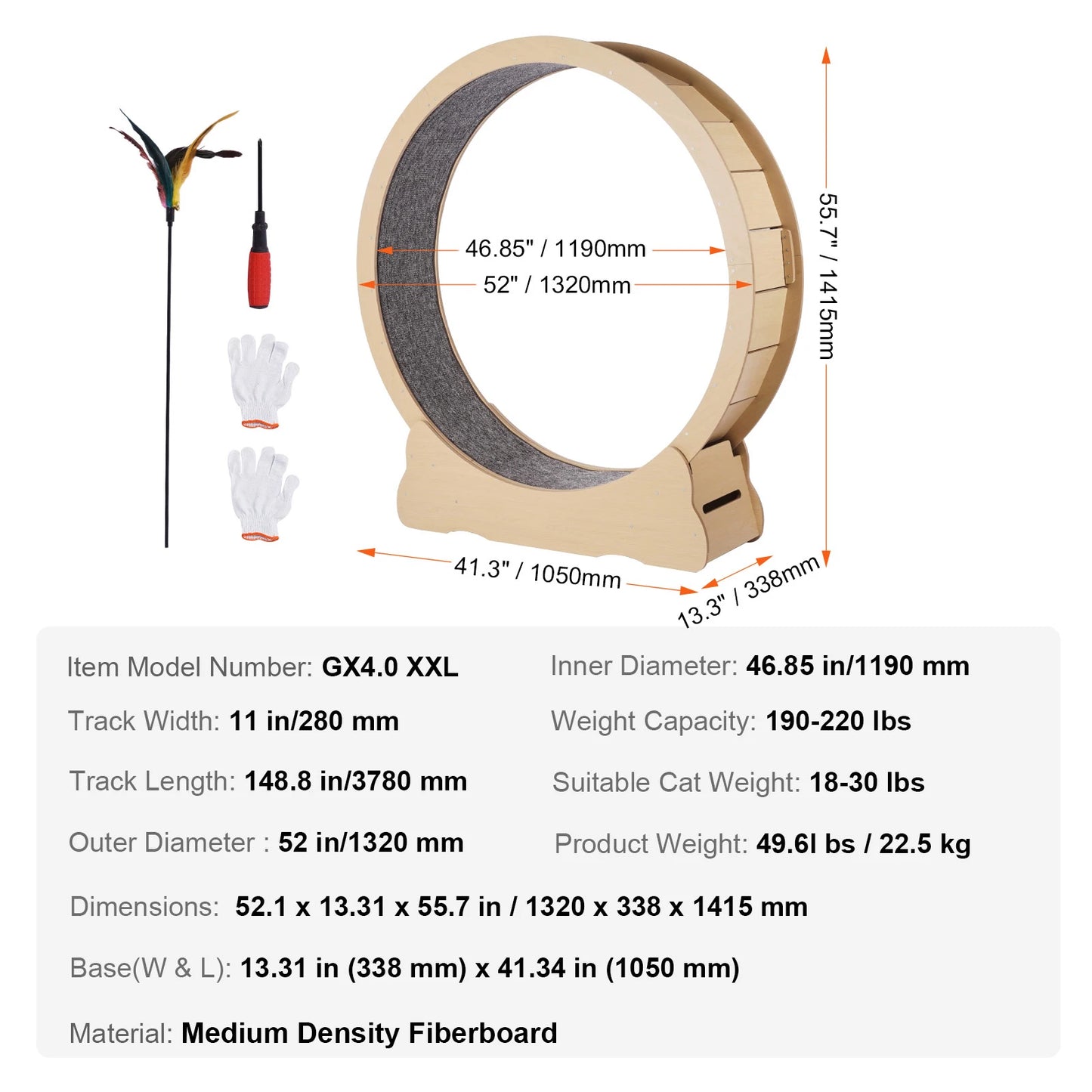 SucceBuy Wooden Cat Exercise Wheel – Large Indoor Cat Treadmill Running Wheel with Carpet & Teaser | 29–52 inch