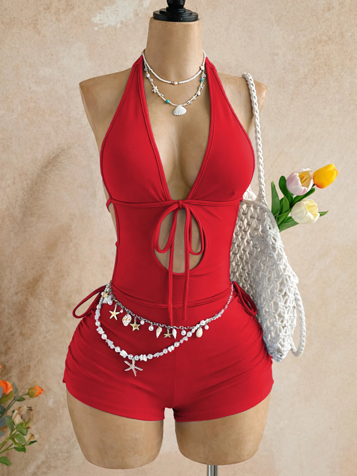 American-Style Spicy Girl Red One-Piece Jumpsuit, Halter Neck, Deep V, Backless, Tie-Waist, Toning, Short Beach Vacation Jumpsuit
