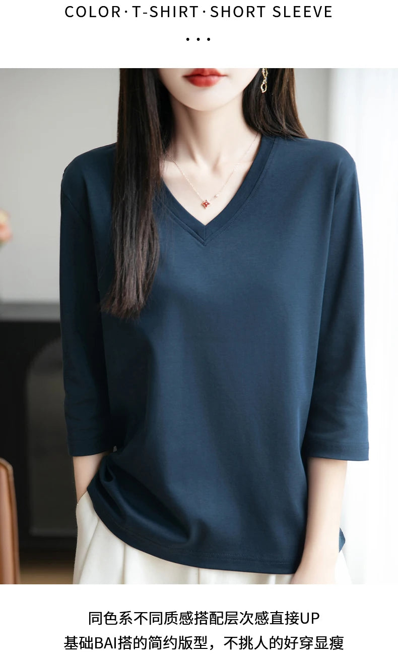 Spring And Summer New Cotton V-neck T-shirt Short-Sleeved Women's Half-Sleeve Bottoming Shirt High-End Cropped Sleeve Top