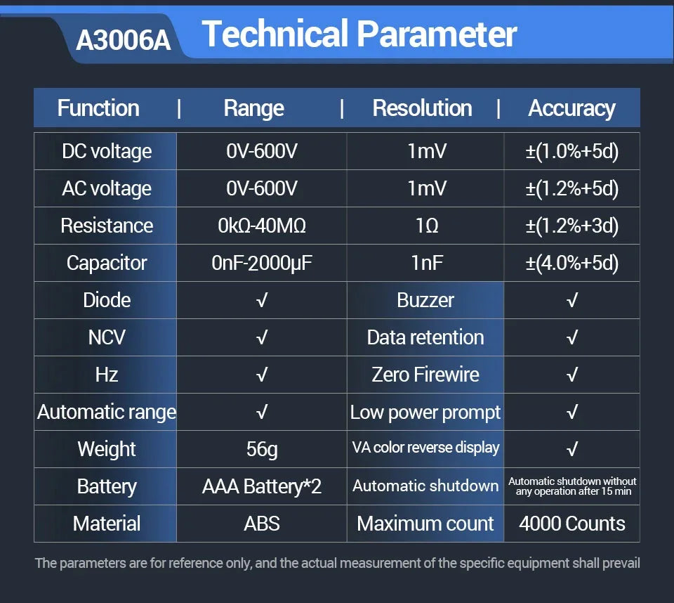 ANENG A3006A Digital Pen Multimeter 4000Counts AC/DC Voltage Non-contact Inductive Electricity Hz Diode Resistance Tester Tools