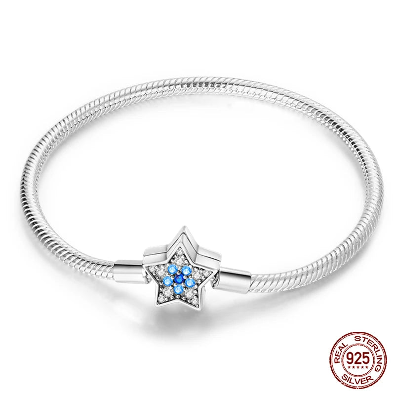 925 Sterling Silver Charm Bracelet – Star Moon Sun Four Leaf Clover Zircon | DIY Birthday Gift for Women (17-20cm)