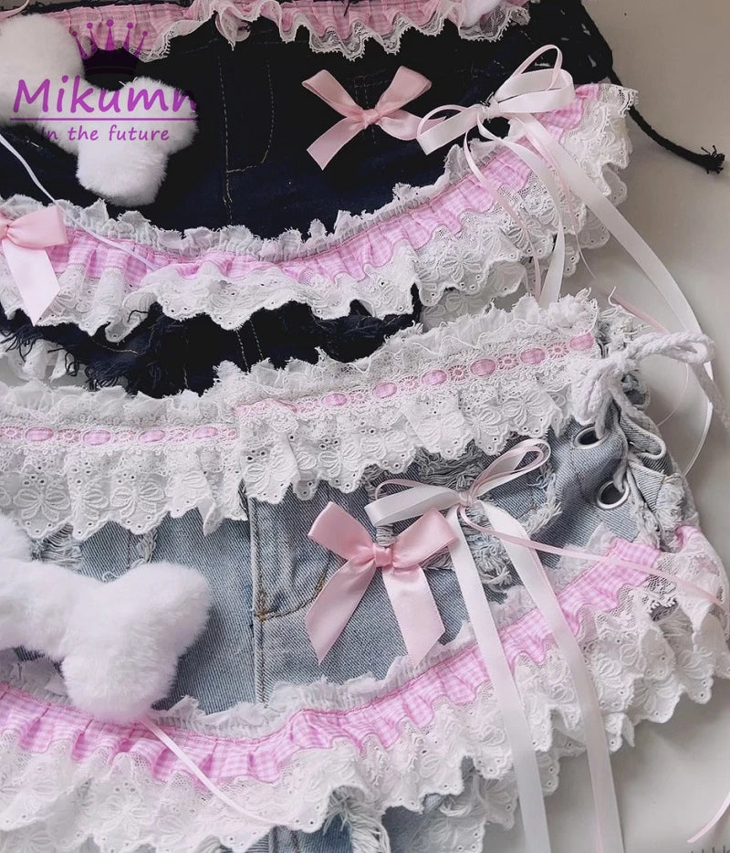 Mikumn Harajuku Y2k Women Sexy Lace Shorts Punk Girls Sweet Bow Angel Wing Bone Lace-up Low Waist Denim Shorts Jeans Streetwear