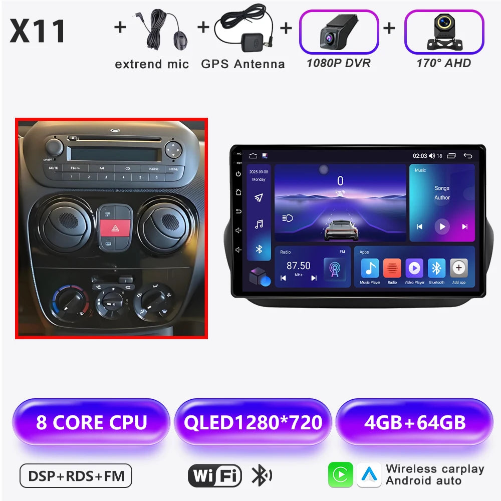 Car Stereo with Apple CarPlay & Android Auto, Compatible with Fiat Fiorino & Qubo, Citroen Nemo & Peugeot Bipper