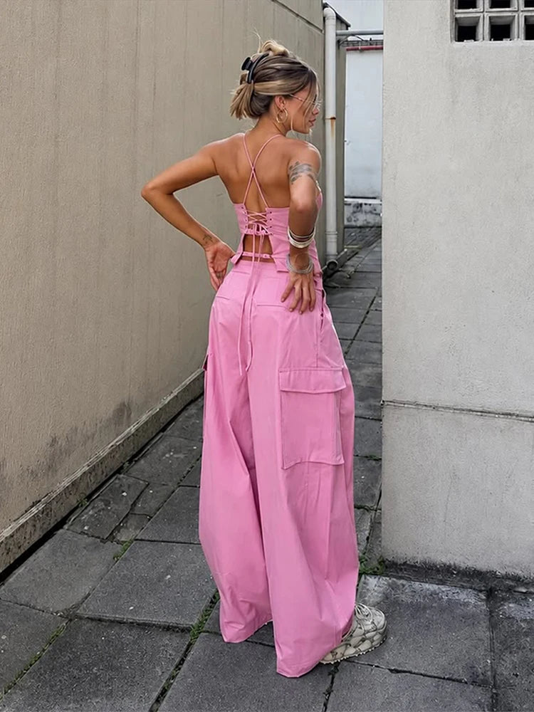 Corset Cami & Pleated Wide-Leg Pants Set — Y2K 2-Piece