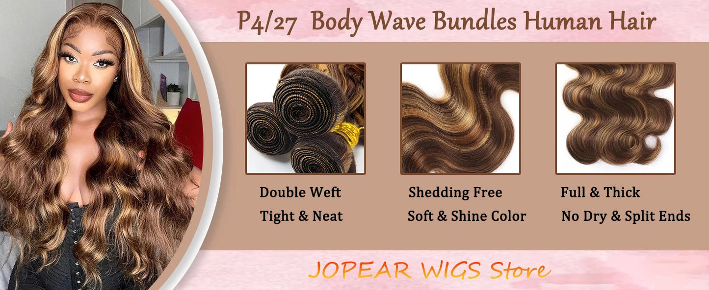 38 40 Inch Highlight Ombre Body Wave Bundles Real Human Hair Colored P4/27 Honey Blonde Brazilian Raw Hair Bundles Extensions