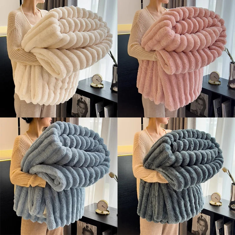 Striped Fluffy Throw Blanket, 250 GSM Soft Bed Blanket