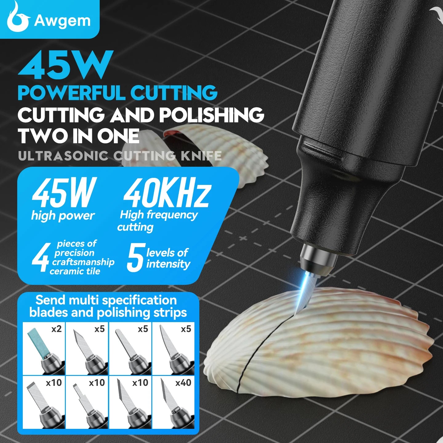 Awgem KH1 Ultrasonic Cutter – 30W/45W Handheld Cutting Tool for Leather, Acrylic, Resin & 3D Prints