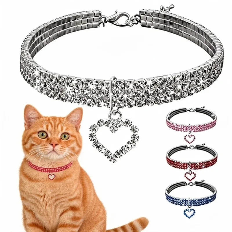 Cat Dog Collar Three Row Elastic Rhinestone Pet Collars Love Decoration Necklace Puppy Small Pet Cat Collar
