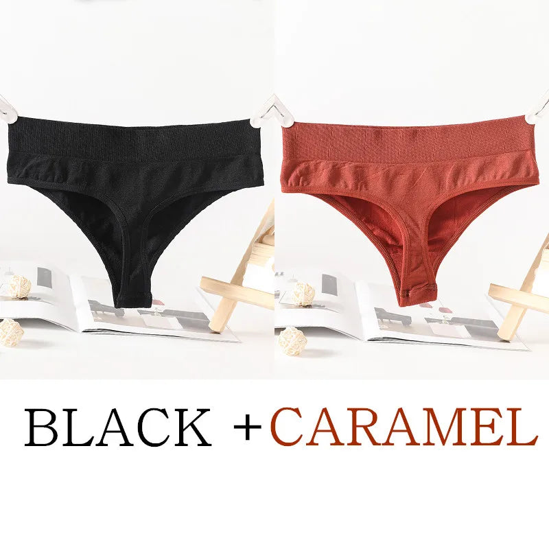 2PCS/Set G-String Seamless Panties Women Thongs Sexy Lingerie Solid Color Female High Waist Thongs Women's Underwear