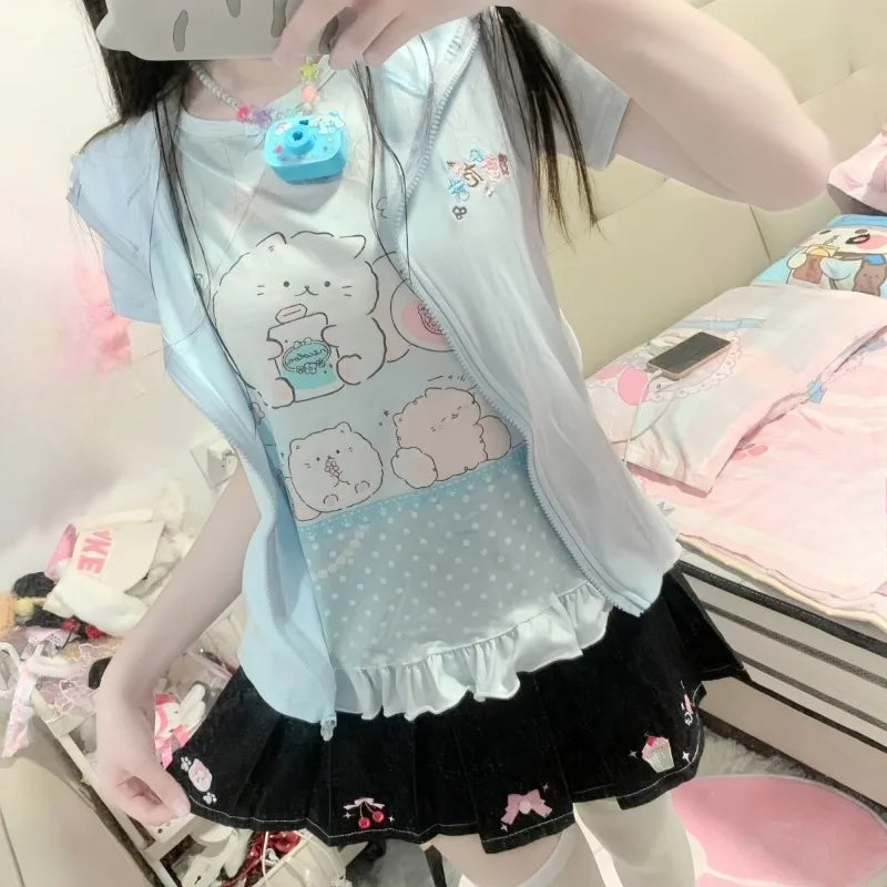 Kimutomo Japanese Petite Sweet Cute Replica Girl Outfit Short Sleeved Top Women Versatile Group Print Butterfly Round Neck