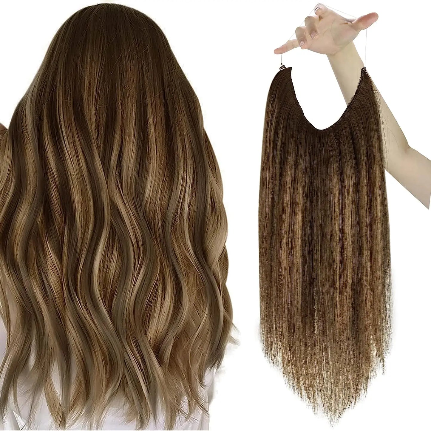 VeSunny Fish Line Human Hair Extension Remy Hair One Piece Invisible Wire Hair Weft Brazilian Hair Balayage Hair Extensions