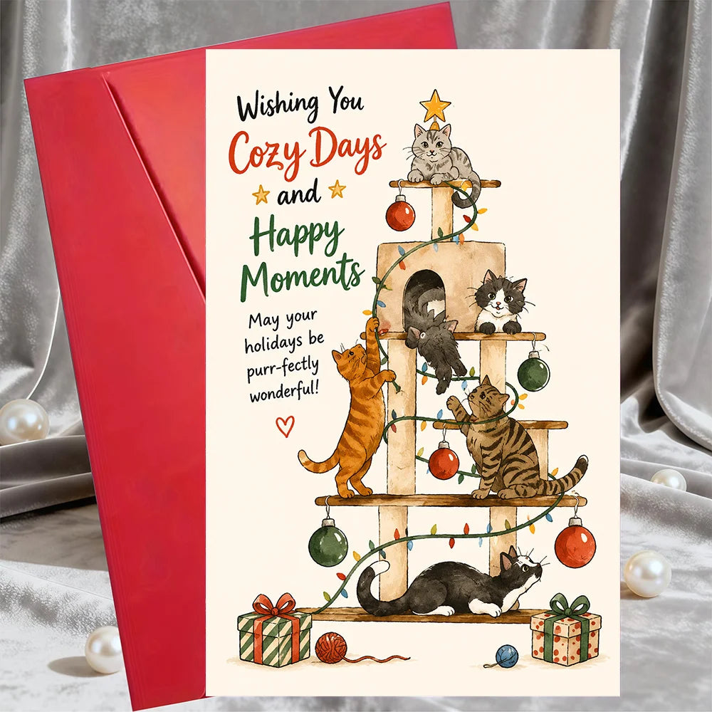 Cute Cat Christmas Greeting Card, Cat Tree Tower Xmas Card, Holiday Wishes Card for Cat Lovers with Envelope