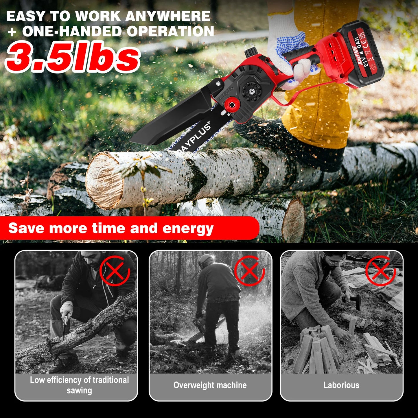 8" Cordless Electric Chainsaw — Brushless One-Handed Pruning Saw with 4.0Ah Battery