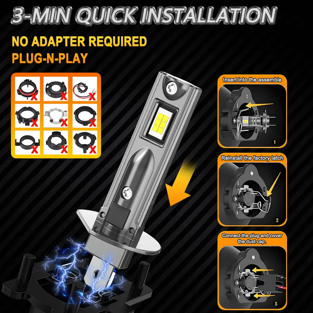 H1 Led Headlight Bulb 800000LM Wireless Turbo Led Lights For Car 1:1 Size CANBUS Error Free Plug And Play 6000K White Light Bulb