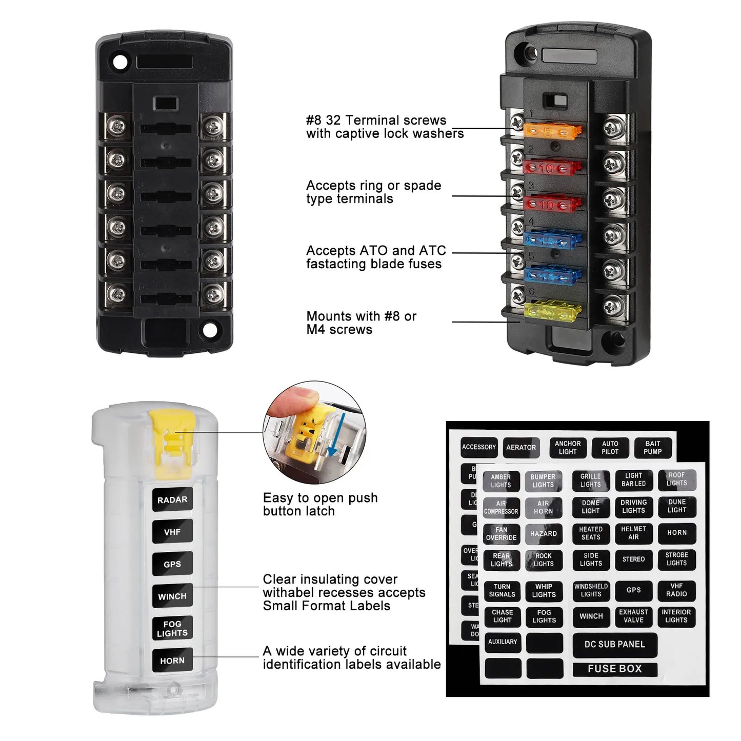 6/12 Way Car Boat Blade Fuse Box Block Holder LED Indicator 12V 32V Auto Marine Waterproof Power Distribution Panel Board