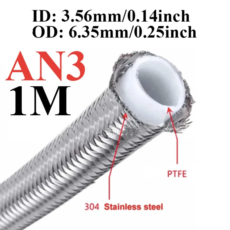 1M/2M/3M/5M AN3 AN4 AN6 AN8 AN10 Racing Hose 304 Stainless Steel Braided PTFE Brake Hose Fuel Oil Line Oil Cooler Hose Pipe
