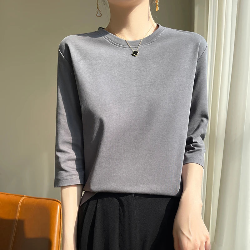 Women's Mercerized Cotton T-Shirt — Loose Round-Neck Half-Sleeve Top