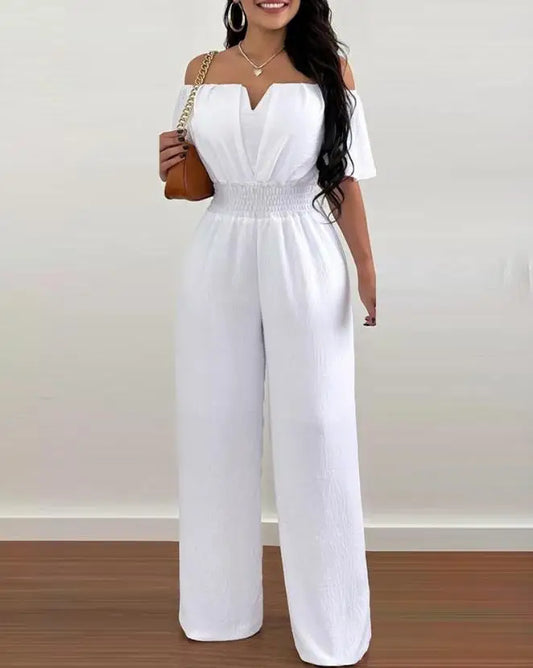 Jumpsuits for Women 2026 Spring Fashion Off Shoulder Casual Plain Short Sleeve Shirred Waist Daily Long Wide Leg Jumpsuit 2026