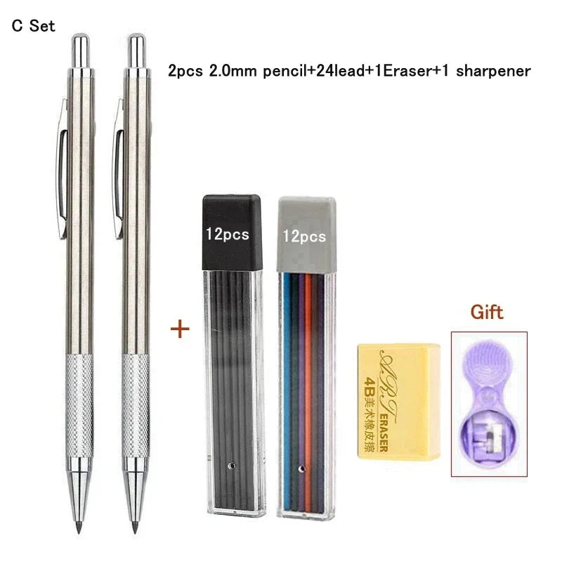 Full Metal Mechanical Pencil Set 0.3 0.5 0.7 0.9 1.3 2.0mm HB Automatic Pencil With Leads,for Art Drawing Writing Sketchin